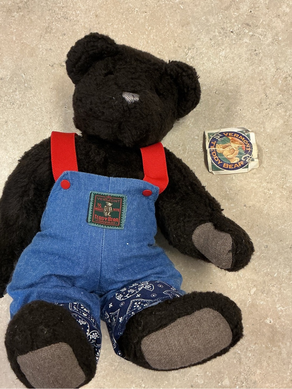 The Vermont Teddy Bear Co. Vintage 1994 Black Plush Teddy Blue Denim Jointed
